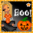 Animated Halloween-themed buddy icon featuring a pixelated character with blonde hair, orange top, and black skirt sitting on a pumpkin, with "Boo!" text changing color between frames.