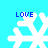 Four white snowflake icons with blue 'LOVE' text above each, displayed on a light blue background in a