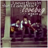 Three figures sit on steps under a columned structure, with text overlay reading "I never thought that I'd catch this love bug again" in stylized fonts.