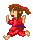 Pixel art character in red outfit with purple sash running, turning head left to right across frames.