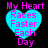 Four identical heart-shaped icons with pink text reading "My Heart Races Faster Each Day" on a black background, arranged in two of two