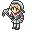 Pixel art character with blonde pigtails, green eyes, and a checkered outfit holding a pink-and-white wand-like object.