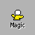 Pixel art character with white helmet and yellow body performing sequential actions above 'Magic' text on gray background.