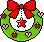 Two pixelated green wreaths with red bows, each containing stars and hearts in red and pink, displayed side-by-side on a gray background.