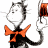 Animated sequence of a black-and-white cat with an orange bowtie holding an orange top hat, transitioning from standing to running pose.