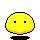 Yellow pixelated circular character with black eyes and mouth, red lips in some frames, small yellow orbs above head, black base shape beneath. Animated changes include lip color, orb count, and ear presence.