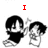 Black-and-white pixelated anime-style character icons with red text labels, showing a figure holding another in an embrace