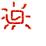 Red pixelated sun-like symbol with square center and radiating lines on white background, displayed in