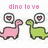 Pixelated image with pink text "dino love" above two cartoon dinosaurs facing each other, one pink and one green.