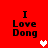 Red background with black text "I Love Dong" repeated four times, white and pink pixelated hearts in two positions.