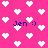 Pink background with white pixelated hearts and repeated text 'Jen :)' in dark blue pixels.