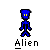 Blue pixelated alien figure with yellow eyes in multiple poses above the word Alien on gray background.