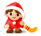 Pixel art character in red hooded outfit with white trim holding yellow staff, shown in two animation frames with eye expression change.