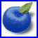 A blue apple with a green leaf on top, next to pink background text reading 'yumie blue apples' in pixelated font.