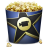 Pixelated blue container with golden popcorn overflowing, featuring a black star with gold outline and central circular emblem containing a black 'G' shape.