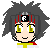 Pixel art character with spiky gray hair, red headband featuring white 'R' symbol, yellow eyes, and yellow-and-white outfit; two expressions shown side-by-side.