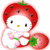 Static pixelated cartoon icon of a white cat character with strawberry-themed headwear and props, holding pink flowers against a transparent background.