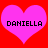 Two pink hearts on a red background with the name 'DANIELLA' in black pixelated text inside each heart.