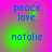 Pixelated blue text 'peace love natalie' on a pink-to-green gradient background with subtle circular patterns.