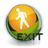 A circular icon with a gradient background transitioning from green to orange, featuring a white pixelated figure walking and the word 'EXIT' in dark green text below.