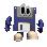 Pixelated blue robot with floppy-disk head, white mouth slot, and beige feet in six sequential poses showing arm and foot movements.