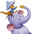 Pixelated image of a light purple elephant with pink ears holding a golden coin, with a small figure in blue and gold on its back under a blue flag.