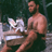 Pixelated static image of a shirtless man holding a white dog in dark background with visible dithering and low-resolution artifacts.