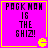 Four identical pink square with yellow borders display "PAGKMAH IS THE SHIZ!" text and a yellow Pac-Man icon in the bottom-right corner of each