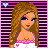 A 4x4 contact sheet of pixel art frames showing a cartoon woman with long brown hair in various poses and outfits against a purple striped background, including full-body views, close-ups, and text variations.