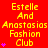 Red background with yellow text reading 'Estelle And Anastasias Fashion Club' and purple star symbols, arranged in a pattern with repeated text and symbols