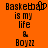 Pixelated orange background with black text reading "Basketball is my life & Boyzz" in two side-by-side , the left showing a heart symbol replacing the 'o' in 'Basketball'