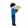 A pixelated character in blue shirt and dark pants holds yellow books, transitioning from standing to bowing and waving gestures.