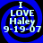 Four identical blue circular icons with black spiral patterns display white text reading "I LOVE Haley 9-19-07" in a pixelated font.
