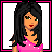 Pixel art contact sheet showing a female character in pink outfit with smiley belt buckle across multiple frames including full-body, partial views, and text panels.