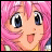Pixelated anime-style face with pink hair, wide blue eyes, and open mouth against black background with text.