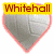 A heart-shaped icon with a gray interior and pink outline labeled 'Whitehall' in yellow text, alongside a volleyball graphic with red 'Volleyball' text.