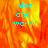 A pixelated image with cyan text 'nice and warm!' over a fiery orange-yellow background, transitioning to a solid gray area in the bottom-right corner.