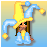 Pixelated character with long brown hair wearing a blue and yellow jester hat, standing against gradient background.