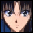 Anime-style character face with blue eyes and brown hair, next to stylized text on a black background.