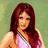 A pixelated image of a person with long red hair wearing a pink top and black pants, seated on a stone surface.