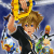 Pixelated anime-style character with brown hair and blue eyes, wearing black top and white sleeves, holding yellow object against blue background.