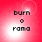 Red background with four identical showing 'burn o rama' text in black pixelated font, each containing a bright white circular glow