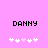 Pixelated text 'DANNY' in black on pink background with white and light pink heart symbols below.