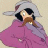 Pixelated cartoon character with gray hat, brown mustache, and pink cape against light background.