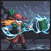 Pixel art character with orange hair and red hat casts blue lightning spell at green book in dark, cloudy environment.