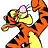 Pixelated cartoon tiger with orange and black stripes, yellow belly, holding a pink object near its face against white background.