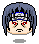 Four pixelated character head views with blue hair, red eyes, and a silver-blue forehead protector on gray background.