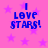 A static image with a pink background filled with purple stars and blue text reading "I LOVE STARS!" in a pixelated font.