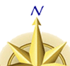 Golden compass rose with cardinal directions N, S, E, W in blue text, and a pixelated doll avatar in blue dress with brown hair.