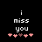 Pixelated text 'i miss you' with pink and brown heart symbols below on black background, showing animation change in heart positions.